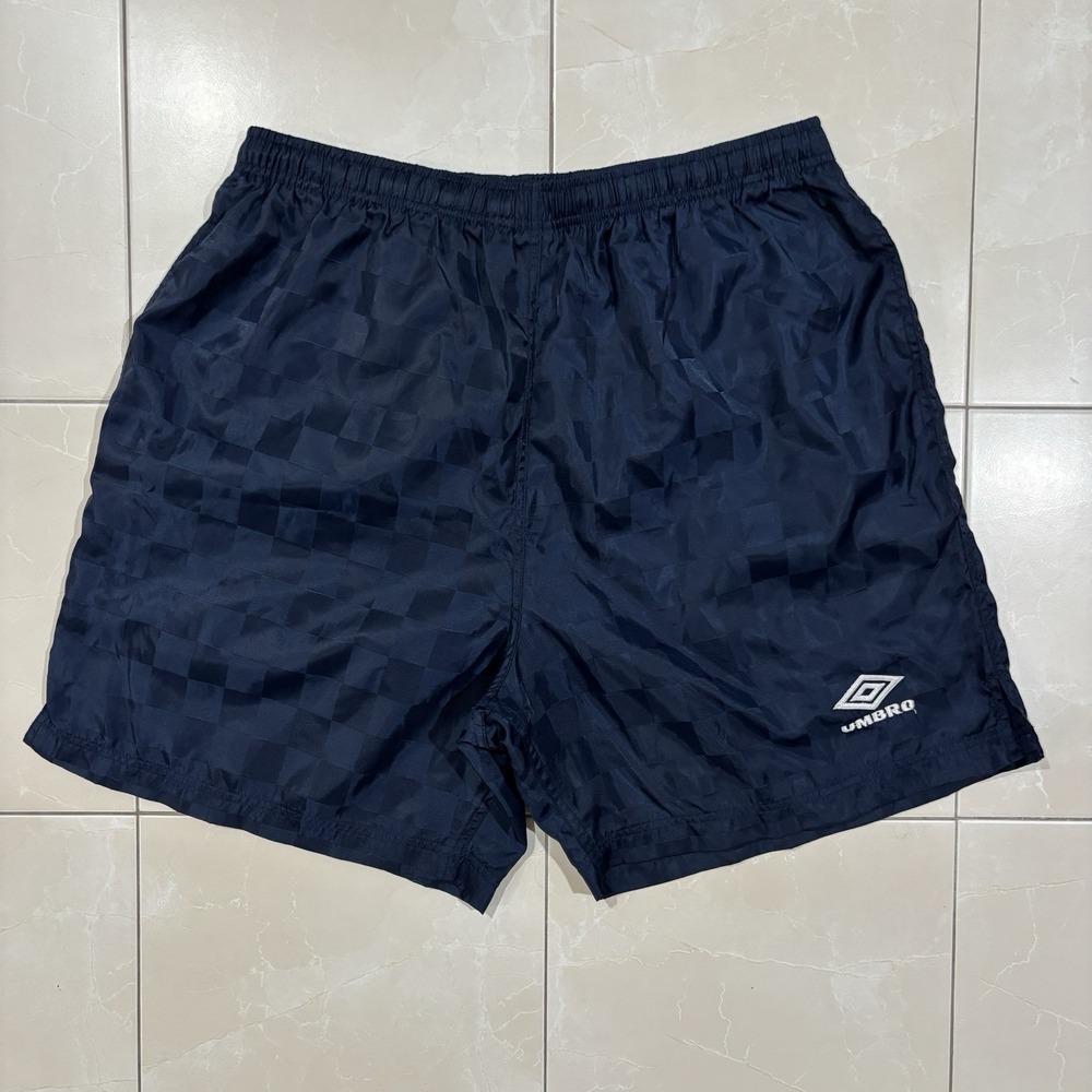 Umbro Men's XL Blue Soccer Shorts Nylon Checkered Satin Shiny Silky Vintage